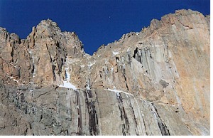 The Notch Couloir from the bottom of Lambs Slide. The Notch is on the skyline just left of center, the Notch Couloir ascends from the large snowfield to the Notch, and Broadway runs horizontally just below center. The Diamond is on the right.